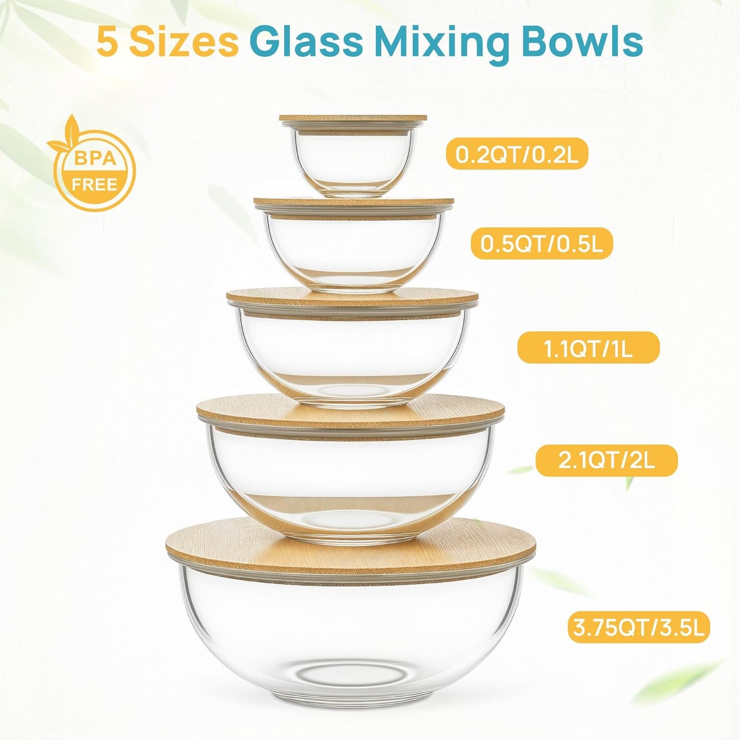 Vtopmart 5 Pack Glass Mixing Bowls with Bamboo Lids Set (3.75/2.1/1.1/0.5/0.2 QT), Salad Bowl Set, Nesting Kitchen Bowls for Serving, Prepping, Cooking and Baking, Dishwasher & Microwavable Safe