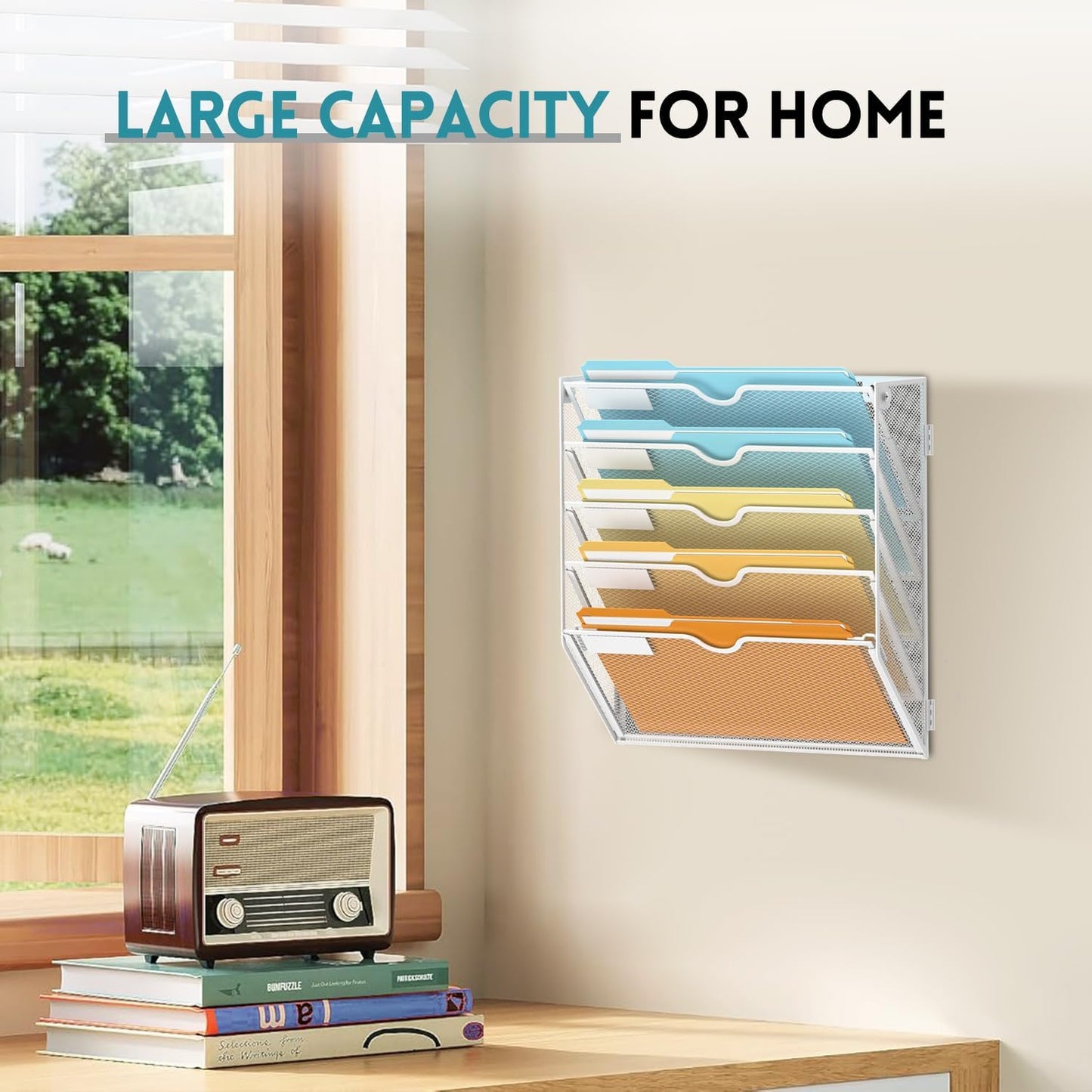 SUPEASY 5-Tier Wall File Organizer Mesh Office Mail Holder, Hanging Wall Organizer Magazine Rack for Office White