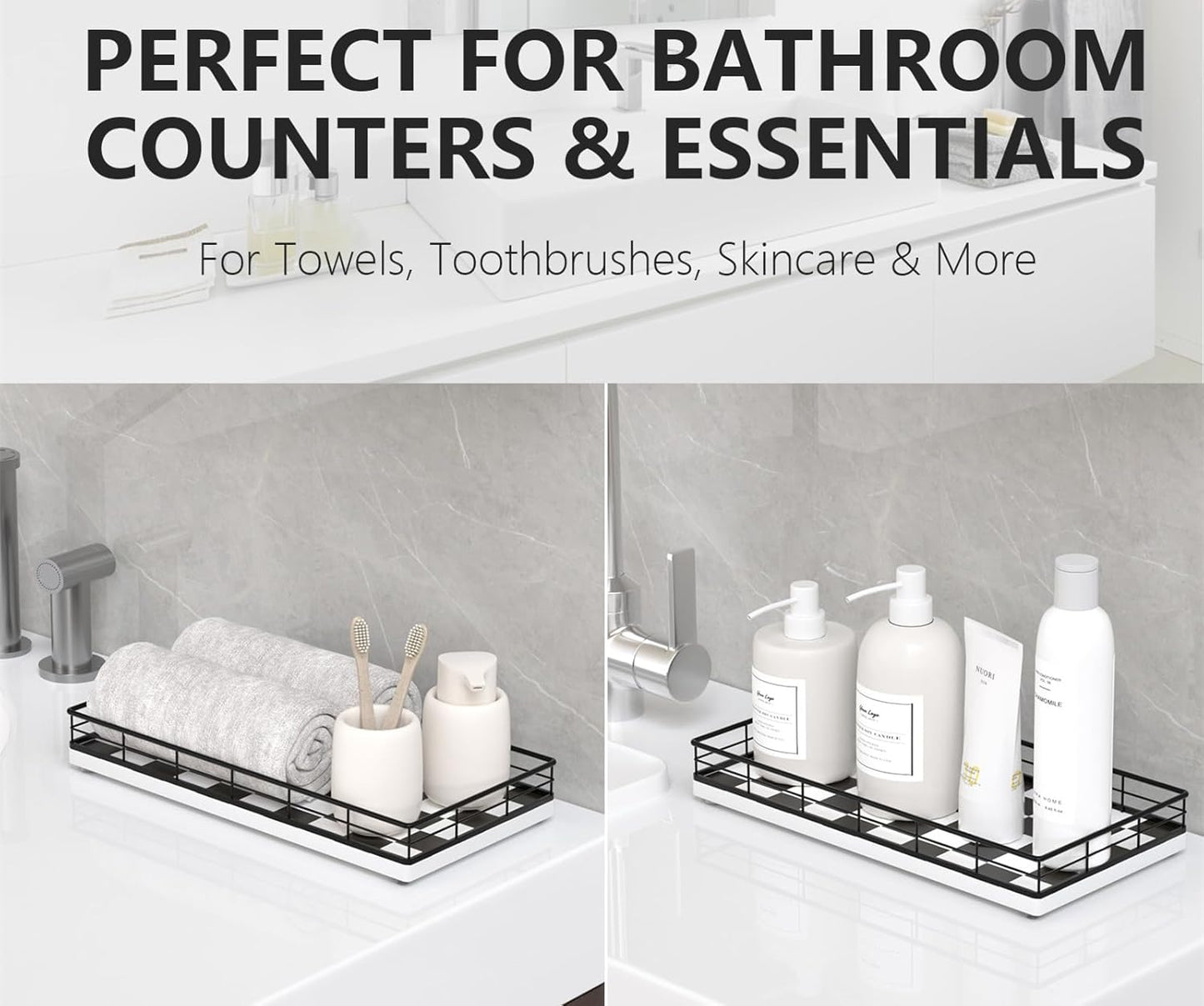 Toilet Tank Tray Organizer – Oak Wood Bathroom Counter Basket with Metal Frame, Back of Toilet or Tank Top Paper Holder Storage – Black & White Modern Decor