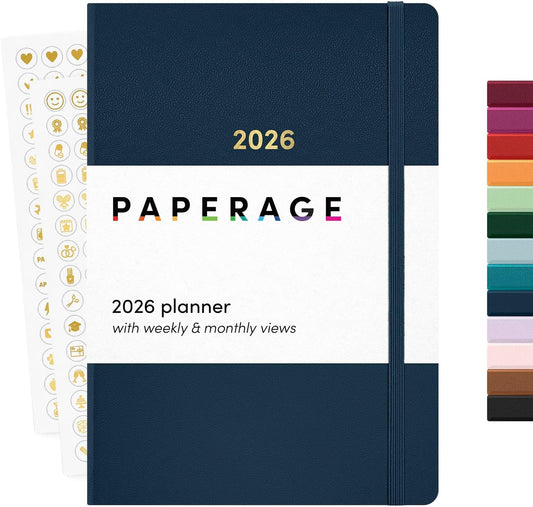 PAPERAGE 2026 Weekly & Monthly Planner, 12 Months (January 2026 - December 2026), 5.6 in x 8 in, Hardcover 2026 Planner with Weekly & Monthly Spreads, Note Pages, Stickers & Back Pocket – Navy