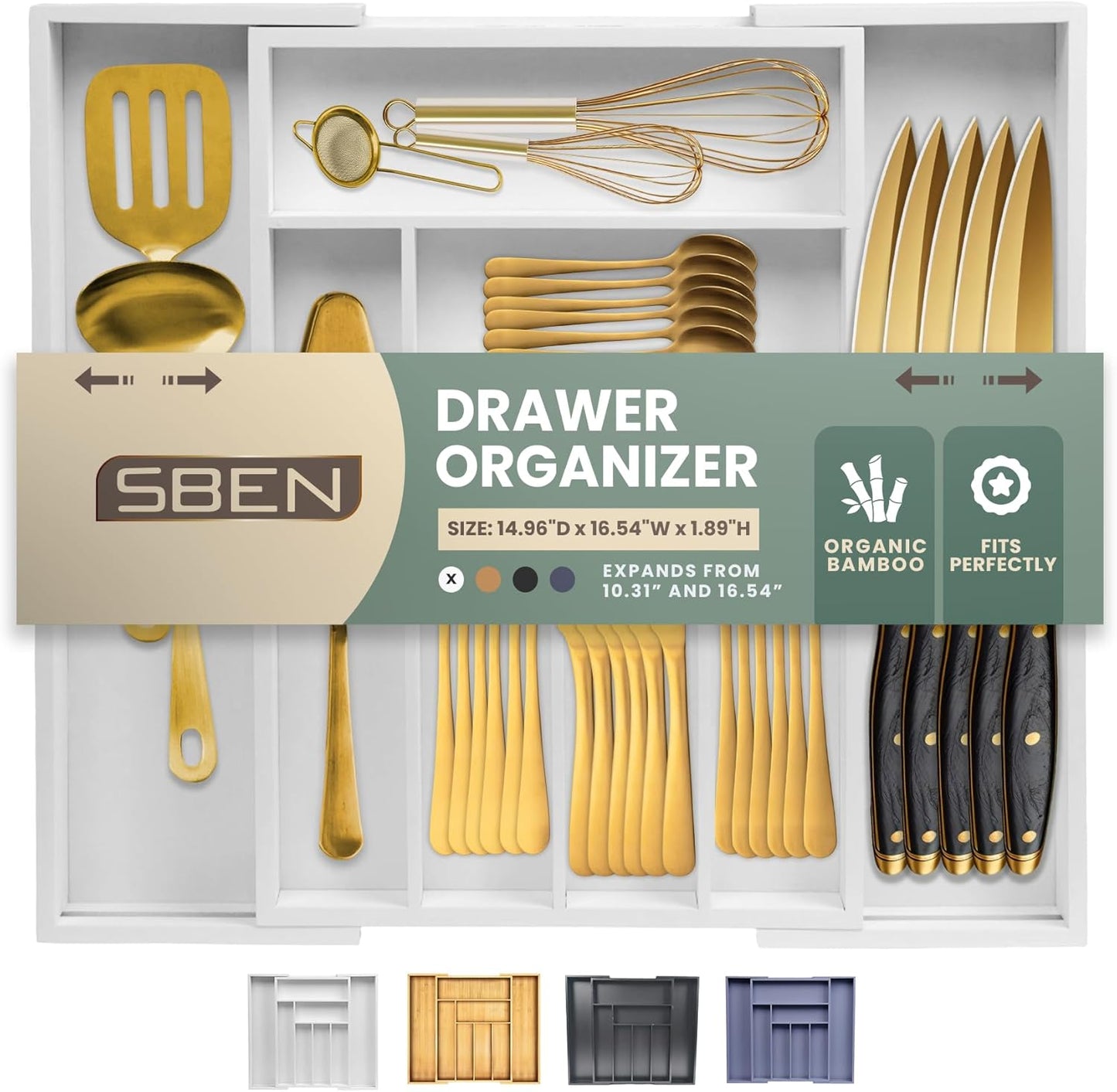 Sben Expandable Drawer Organizer for Utensils Holder, Adjustable Cutlery Tray, 6-8 Slots, Premium Wood Drawer Dividers Organizer for Silverware, Flatware, Knives for Kitchen (White)