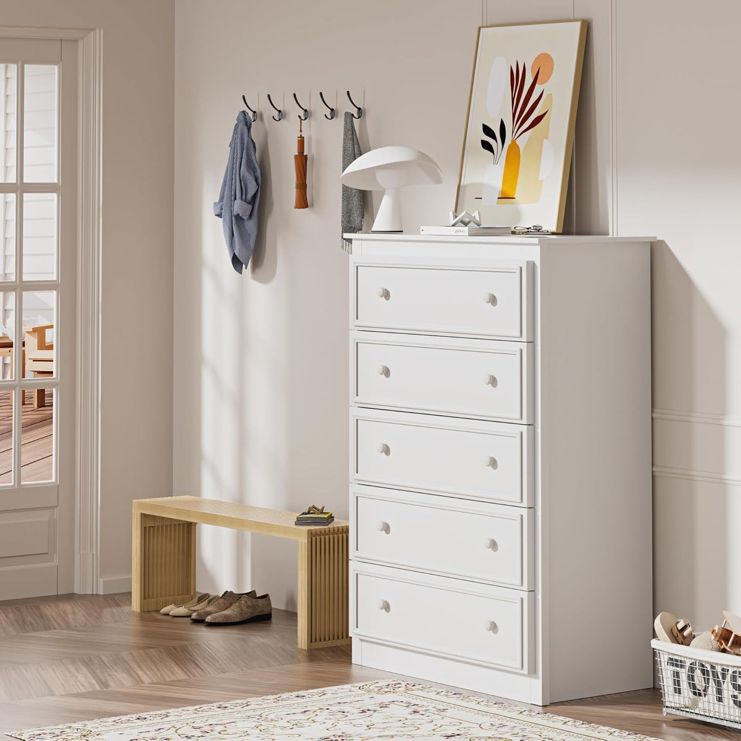 5 Drawer Dresser for Bedroom, Tall Wooden Chest of Drawers with Spacious Top, Modern Storage Organizer Cabinet for Closet, Nursery, Living Room, 15.7" D x 31.5" W x 45.7" H (White)