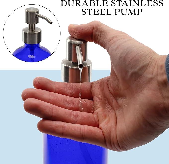 Cornucopia Brands 16-Ounce Cobalt Blue Glass Bottles w/Stainless Steel Pumps (2-Pack), Soap Dispenser w/Lotion Pumps for Essential Oils, Lotions, Liquid Soap