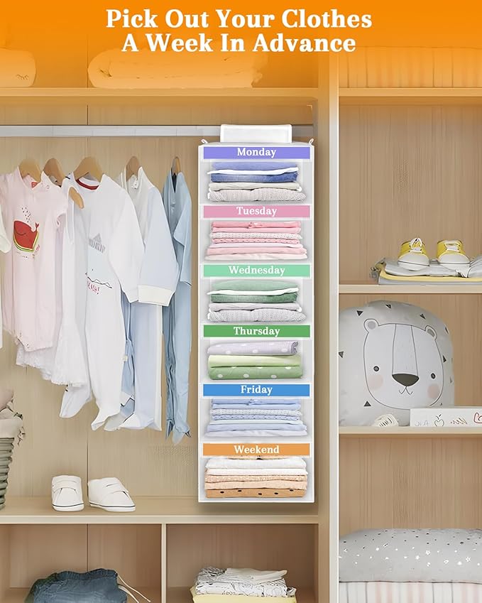 punemi Weekly Clothes Organizer for Kids, 6-Shelf Hanging Closet Storage with Side Pockets, Days of The Week Design, 11.8" x 11.8" x 37.8", Perfect for Organizing a Week's Worth of Kids' Clothing