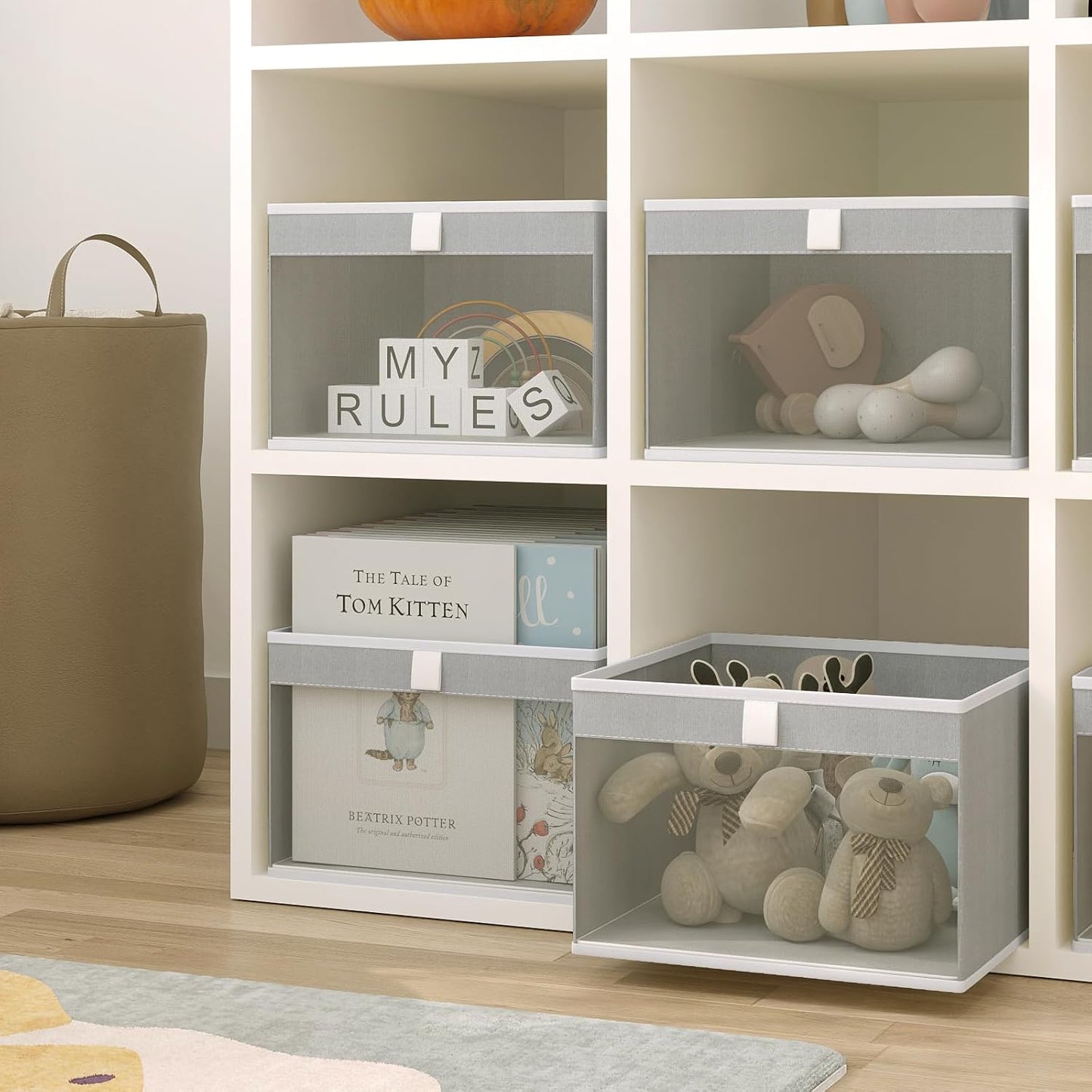 Linen Closet Organizers and Storage, Closet Storage Bins Basket Organizer, Foldable Organization Baskets with Mesh Window for Clothes Towels and Toys, 12.75" x 12.75" x 9", Gray, 4 pack