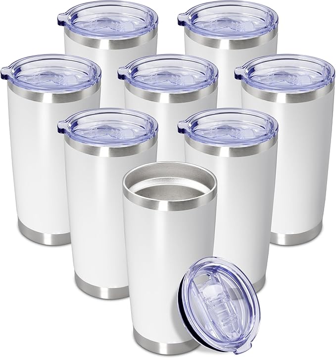 20 oz Tumbler Coffee Travel Tumblers Bulk with Lid Stainless Steel Double Wall Vacuum Insulated Mug Powder Coated Cups fit Car Cupholder for Hot and Cold - White, 8Pack