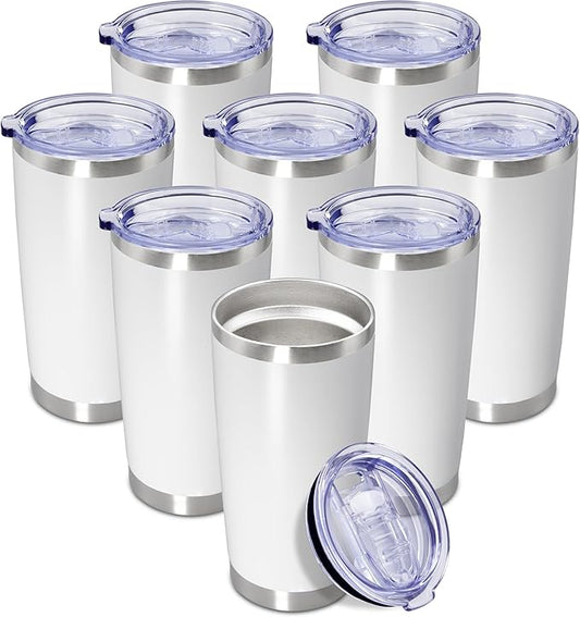 20 oz Tumbler Coffee Travel Tumblers Bulk with Lid Stainless Steel Double Wall Vacuum Insulated Mug Powder Coated Cups fit Car Cupholder for Hot and Cold - White, 8Pack