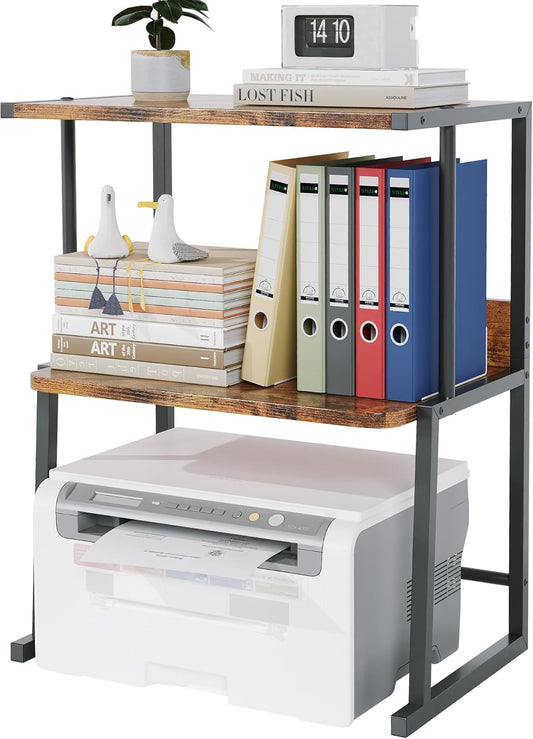 Homeiju Printer Stand for Desk with Storage, 3-Tier Shelves Organizer with Wood Top, Heavy Duty Metal Frame for Home Office, Holds Printer, Books, Supplies, Rustic Brown