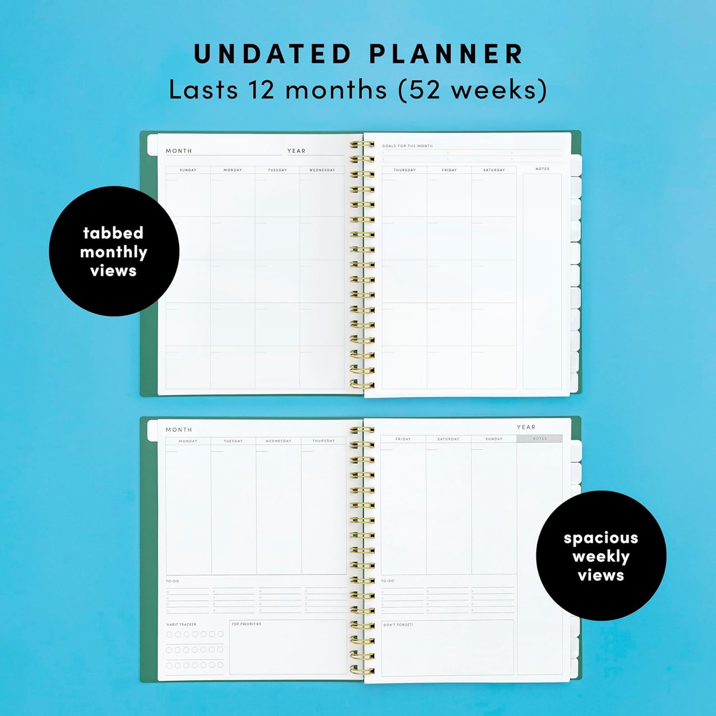 PAPERAGE Undated 12 Month Weekly & Monthly Planner with Durable Cover & Spiral Binding, 7.5 in x 9 in, Productivity Planner with Note Pages, Goals & Budget Trackers, Stickers & Bookmark (Black)