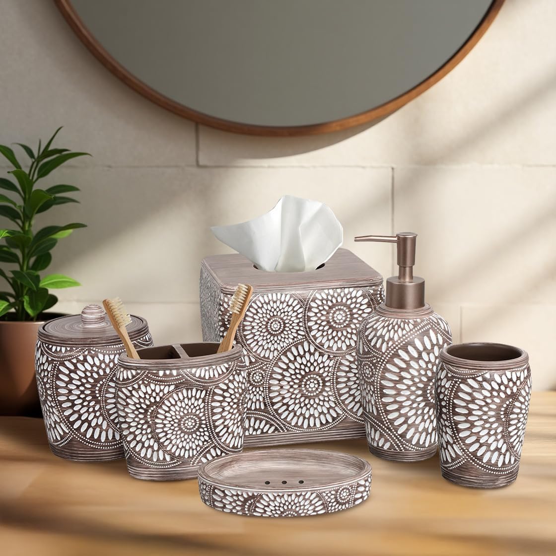 6-Piece Bathroom Accessories Set – Soap Dispenser, Toothbrush Holder, Tumbler, Soap Dish, Cotton Swab Jar & Toilet Brush – Modern Bathroom Decor Set (Ciccone)