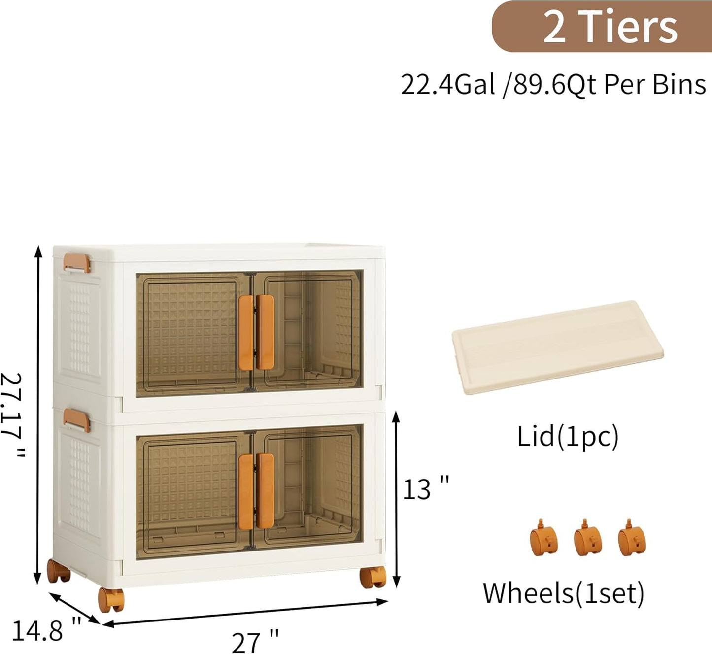 Plastic Stackable Storage Bins with Lids and Wheels, Foldable Closet Organizers and Storage Containers, Collapsible Clear Drawer Storage Cabinet with Doors White 44.8Gal