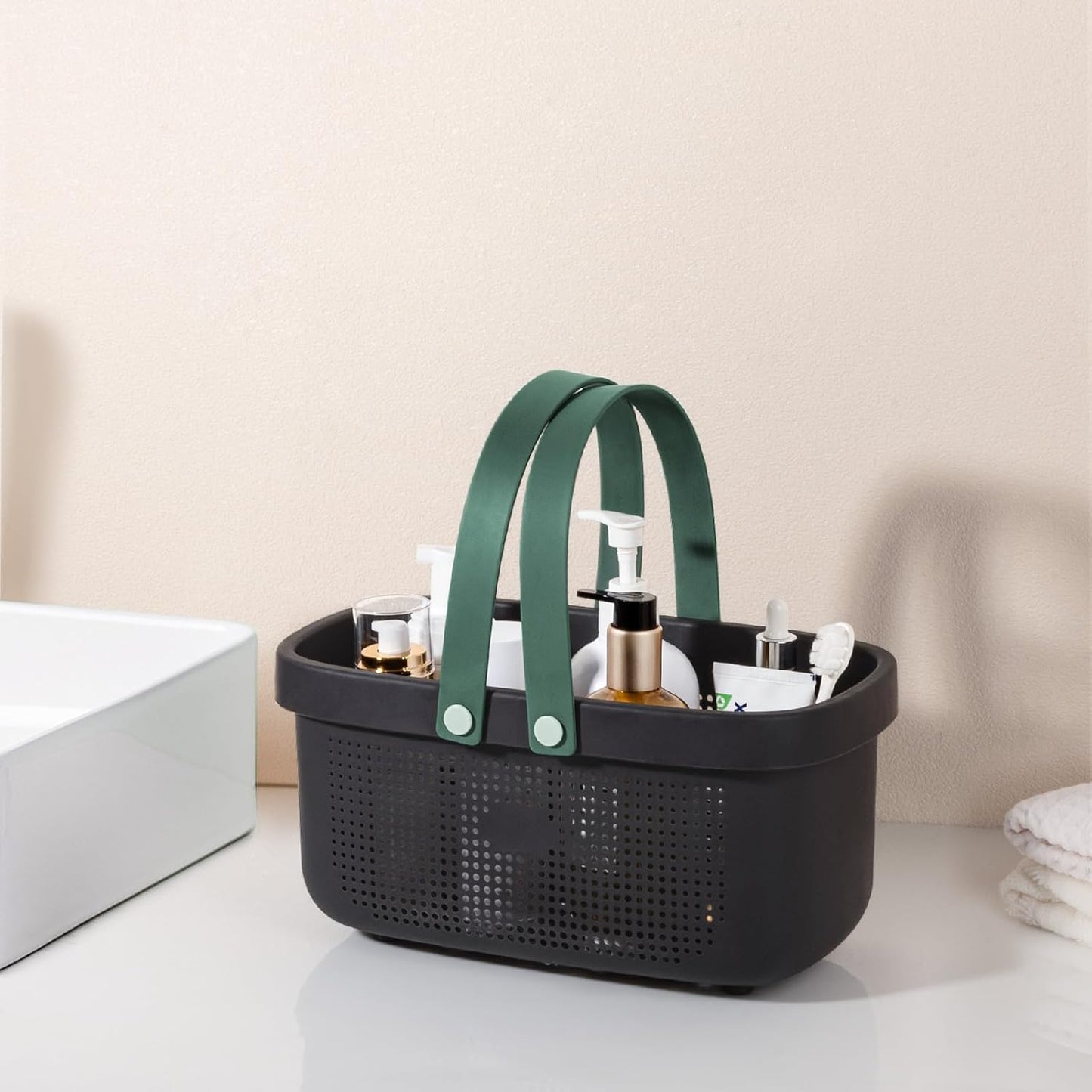 JiatuA Plastic Storage Basket with Handle Portable Shower Caddy Tote Organizer Basket Bin for Bathroom Kitchen Dorm Room Bedroom, Black Green