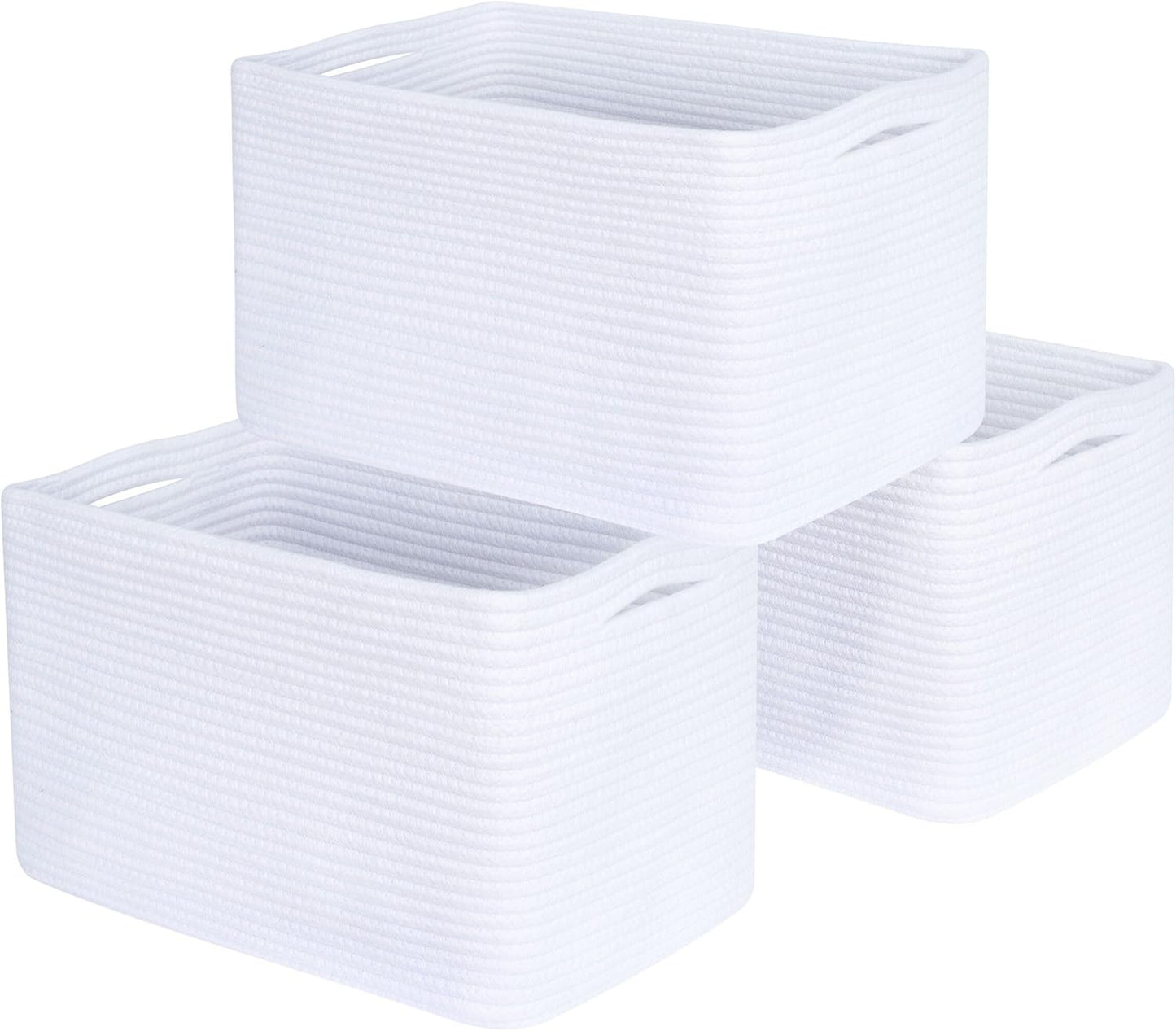 MINTWOOD Design 3-Pack Decorative Woven Storage Baskets for Shelves, Cube Bin Box for Organizing Books, Shoes, Dog Toys, Pantry Closet and Living Room Organizer, Full White