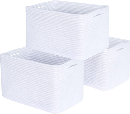 MINTWOOD Design 3-Pack Decorative Woven Storage Baskets for Shelves, Cube Bin Box for Organizing Books, Shoes, Dog Toys, Pantry Closet and Living Room Organizer, Full White