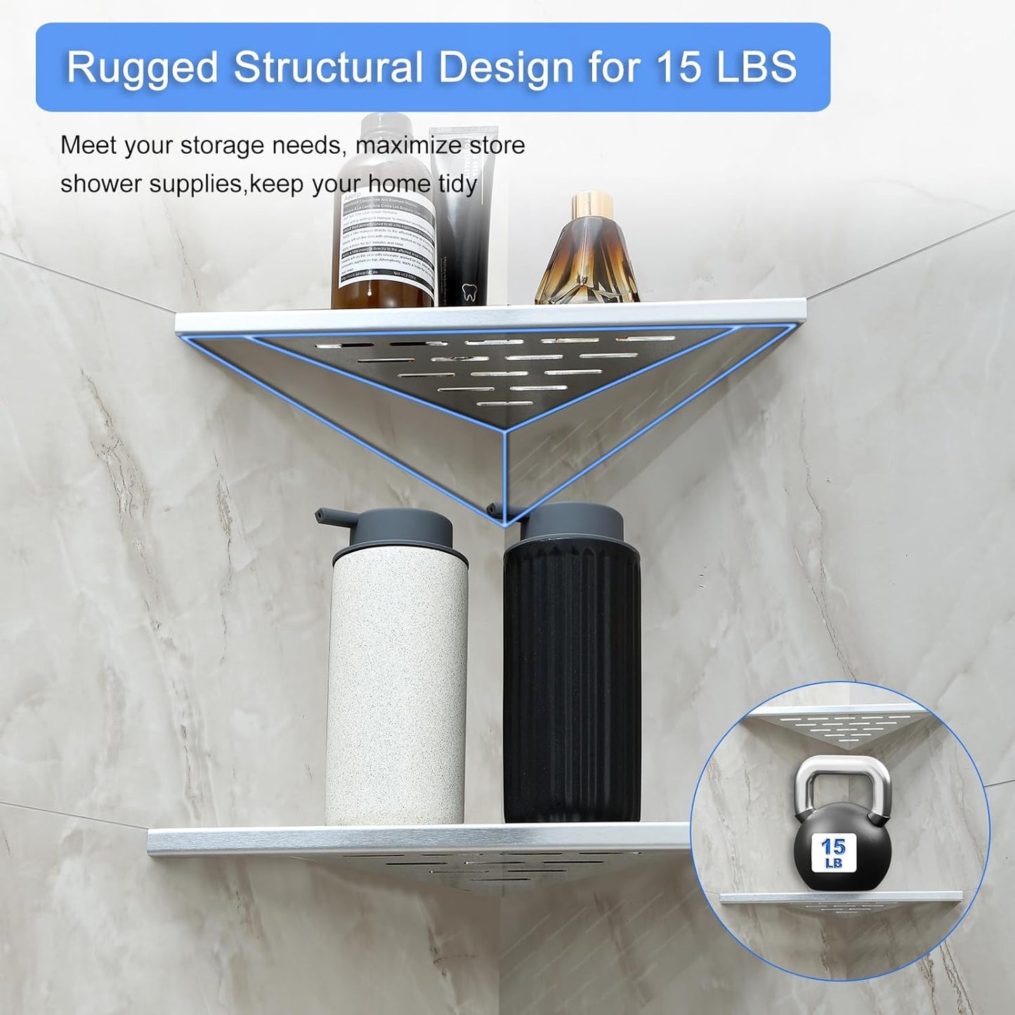 MENATT 10" No Drilling Corner Shower Shelf (2-Pack) – Recessed Stainless Steel Shower Caddy for Tiled Walls, Brushed 304 Steel Bathroom Shelves, Wall Mounted Triangular Organizer