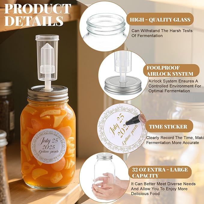 6 Pack 32 oz Fermentation Jar Mason Jars with Lids 0.95 Liter Fermentation Kit with Airlocks Sticker Tags and Ropes for Fermenting, Pickling, Canning, Mead Making