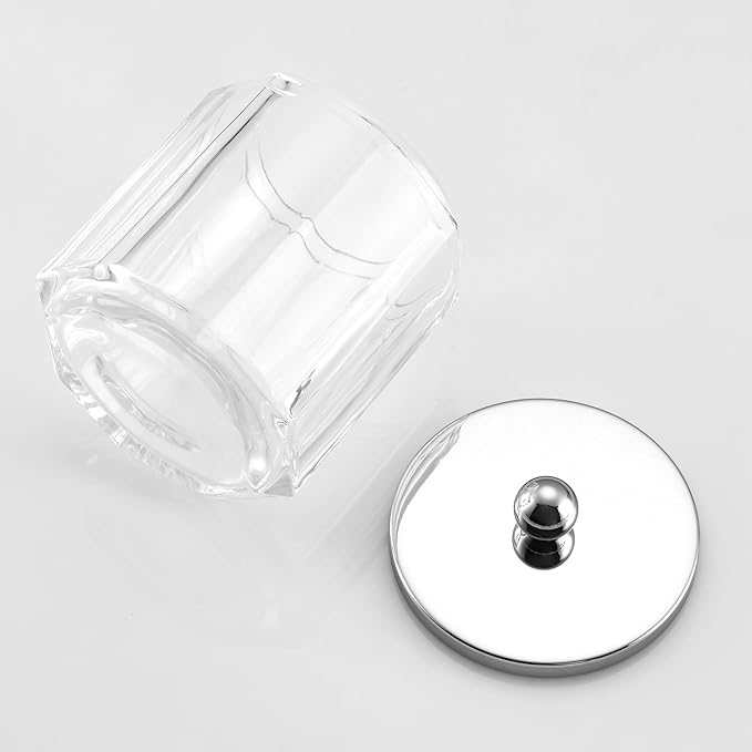 Clear Transparent Apothecary Octagional Shaped Glass Canister Jar With Silver/Chrome Metal Lid Cover for Bathroom Organization, Cotton Balls, Q Tips, and Small Accessories, Bath Storage