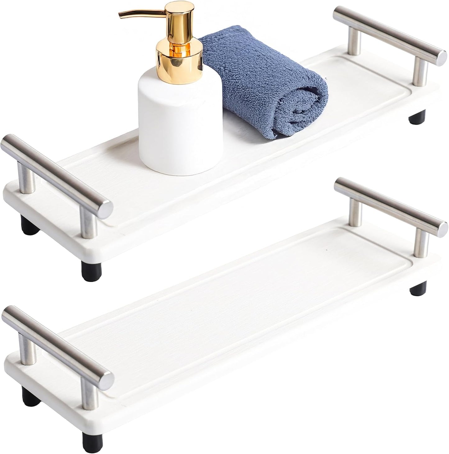 2PCS Bathroom Counter Tray, Diatomaceous Tray Fast Dry Stone, Fast Drying Diatomite Earth, Drying Stone for Kitchen Countertop, Instant Dry Sink Caddy (White & Silver Handle, Small)