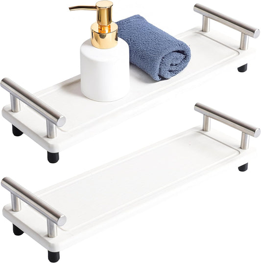 2PCS Bathroom Counter Tray, Diatomaceous Tray Fast Dry Stone, Fast Drying Diatomite Earth, Drying Stone for Kitchen Countertop, Instant Dry Sink Caddy (White & Silver Handle, Small)