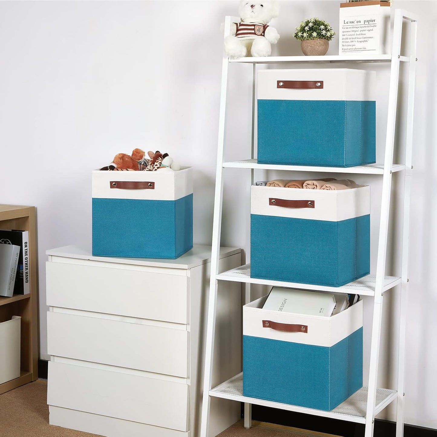 Temary Fabric Storage Bins - 12x12 Cube Baskets for Shelves & Closet with Leather Handles (White & Teal)