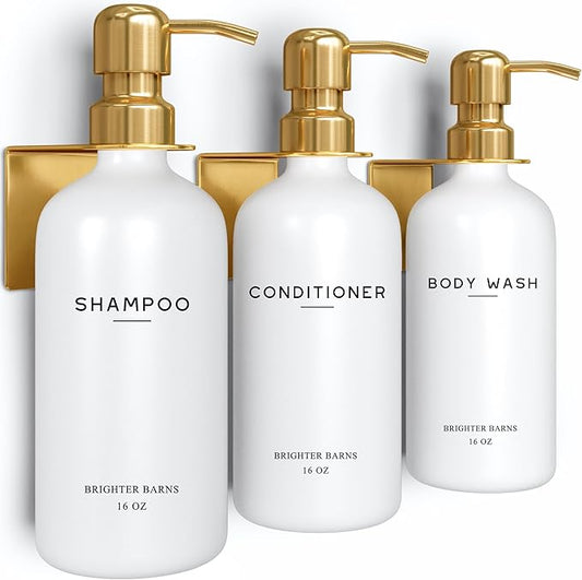 Luxury Shampoo and Conditioner Dispenser Set Wall Mounted by Brighter Barns - Refillable Shampoo and Conditioner Bottles - Shower Dispenser 3 Chamber No Drill - White and Gold Bathroom Decor (Gold)