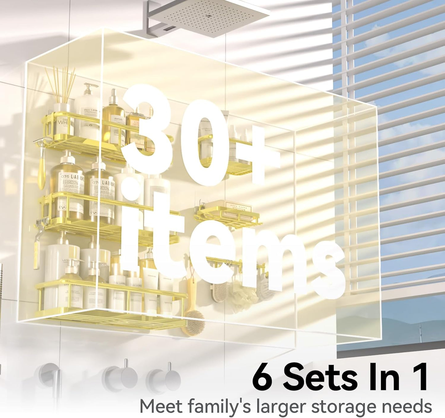 YASONIC Shower Caddy, 6 Pack Large Capacity Bath Organizer with Soap Holder and 12 Hooks, Rustproof Shower Shelves for Inside Shower, No Drilling&Sleek Bathroom Organizers and Storage Gold