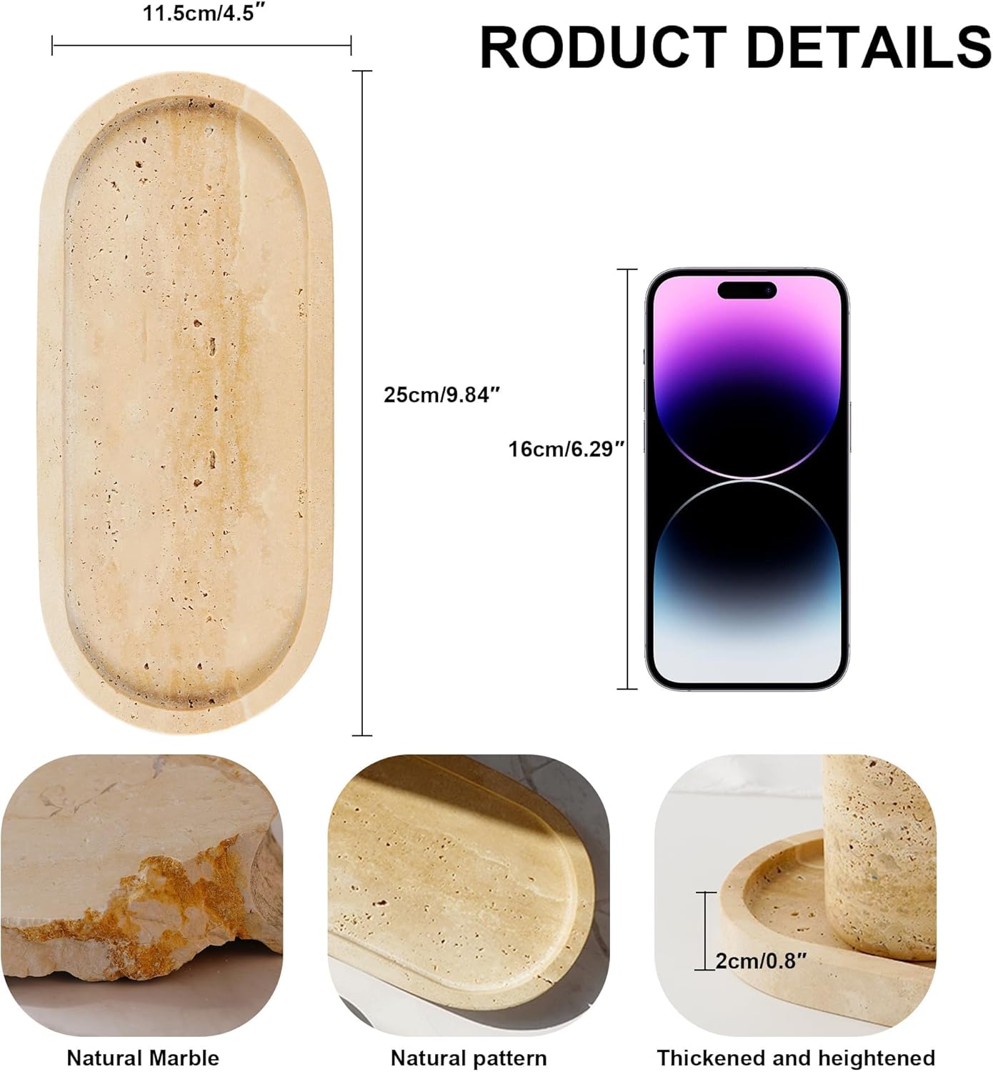 WORHE Italy Natural Travertine Stone Tray for Jewelry, Candles, Perfume, Trinket, Marble Oval Vanity Trays for Bathroom, Dresser, Kitchen, Countertop Storage Organizer for Home Decor Beige (WH028)