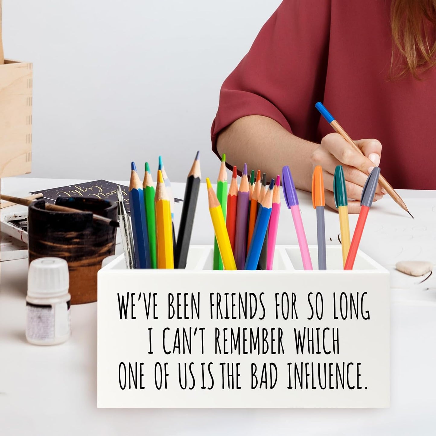 Funny Sarcastic Friendship Pen Pencil Holder Organizer for Desk, Humorous Gifts, We've Been Friends for So Long I Can't Remember Which Wooden Box Signs Decor for Home Office Desk Tabletop