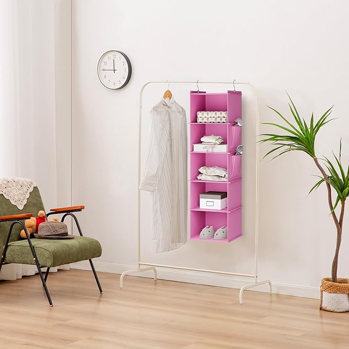 YOUDENOVA Hanging Closet Organizer, 5-Shelf Closet Hanging Storage Shelves, Light Pink