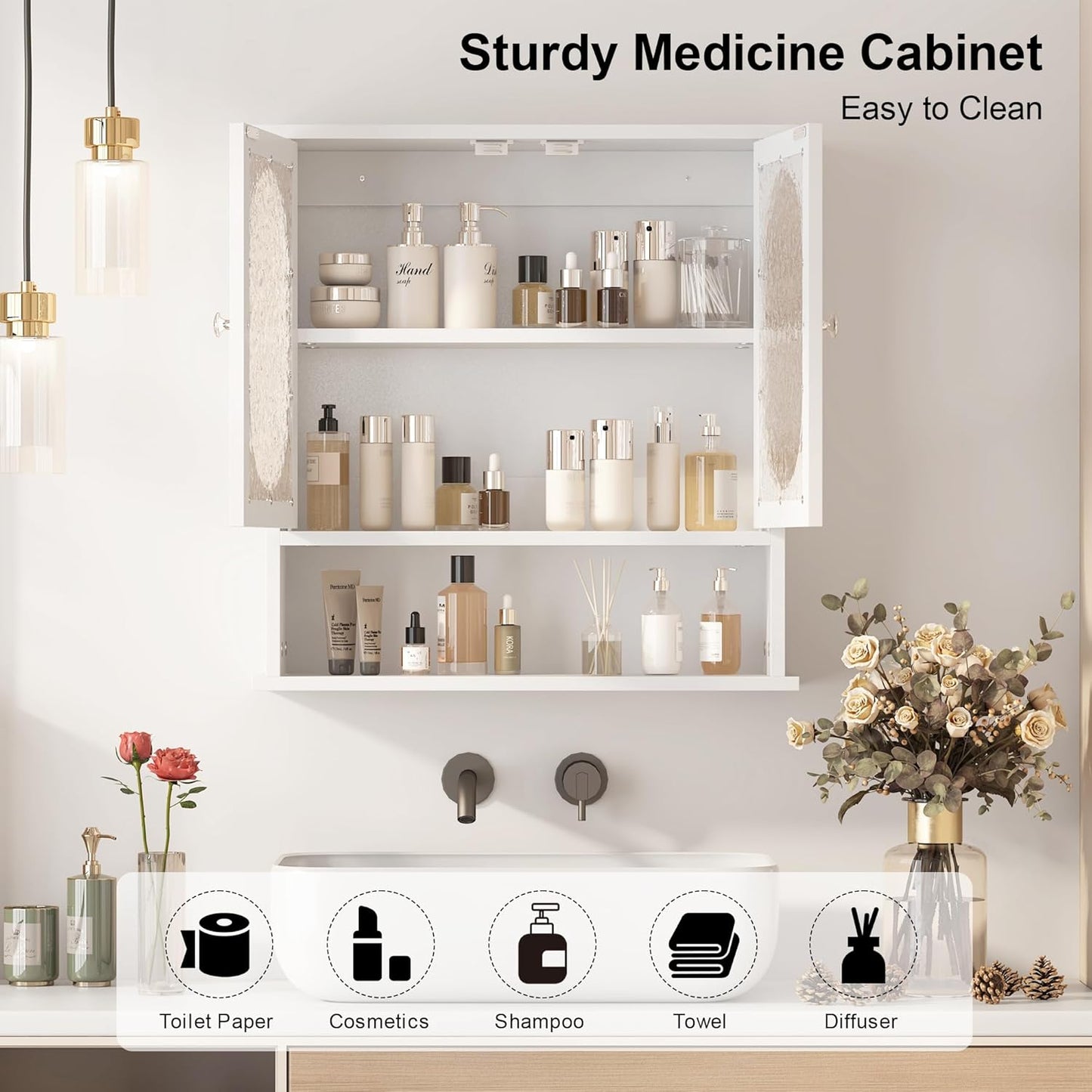 Medicine Cabinet for Bathroom,2 Acrylic Doors White Oval Bathroom Wall Cabinet,Over Toilet Storage Cabinet for Laundry Room/Kitchen/Living Room,Surface Mount Medicine Cabinets 23x24