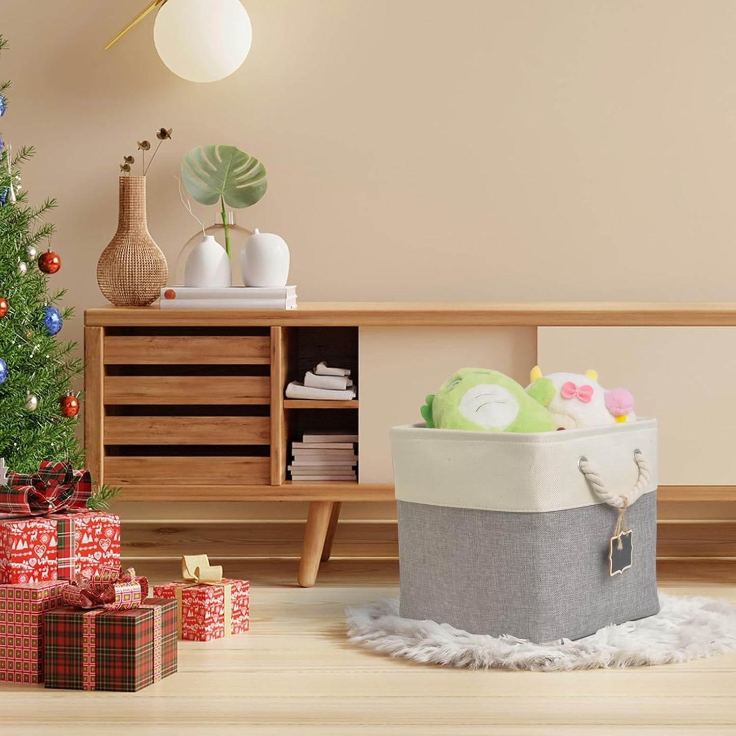 11inch cube storage bin[6 Pack],Fabric Storage Cubes with Rope Handles, Eco-Friendly Linen Collapsible Organizers for Closet, Nursery, Toys, Office, Bathroom – Dual Color Design.(White&Grey)