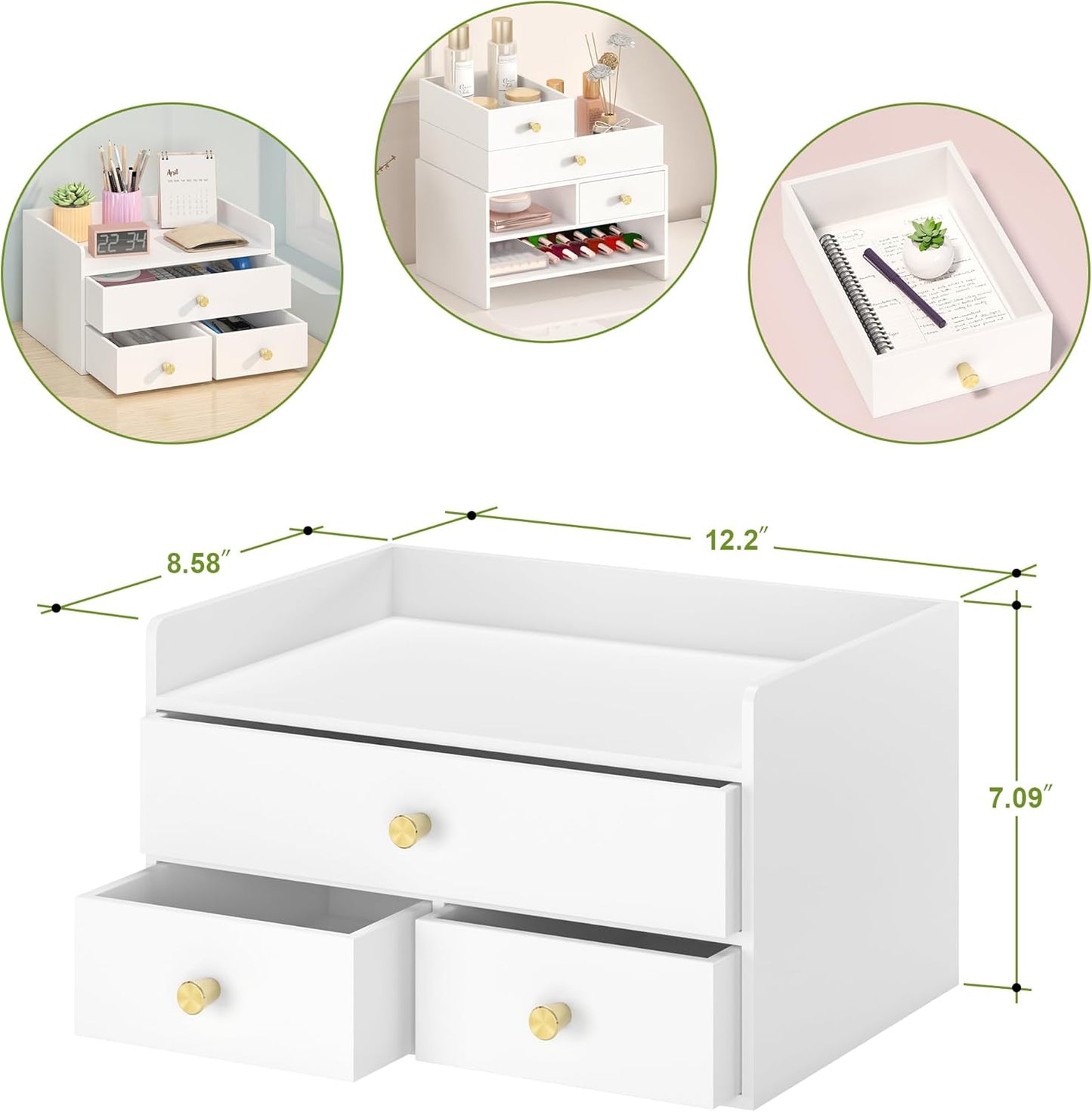 Bamboo Desk Organizer with Drawers Wooden Desktop Storage Drawers for Bills Office Supplies Kitchen Utensils Organizing Tool for Home Classroom Organization No Assembly (3 Drawers, White)