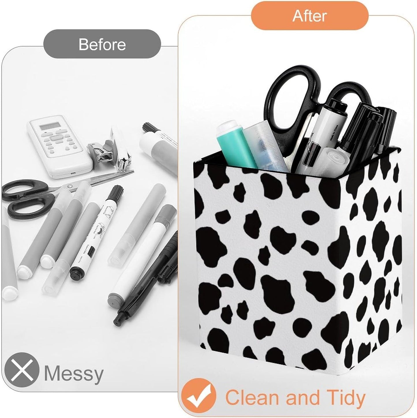 Square Pen Holder & Pencil Organizer for Desk - Office Storage Organizer, Markers/Makeup Brushes/Scissors Holder, Compact Desk Decor Accessories for Home Classroom School(Cows Print)