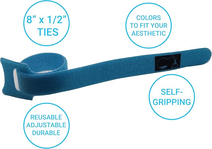 CableLock Cable Ties - 50 Pack - 8 Inch Reusable Cord Organizers - Clean Cable Management for Gaming and Home Office (Blue)