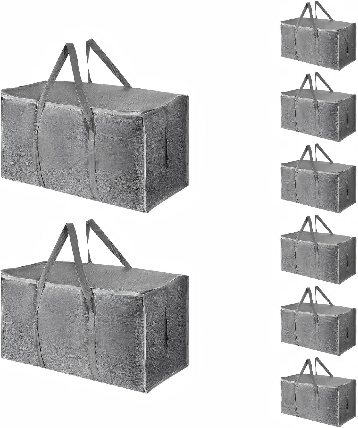 8 Pack-Extra Large Heavy Duty Moving Bags - Waterproof Storage Totes with Handles & Zippers, Foldable for College Dorm, Storage (Gray)