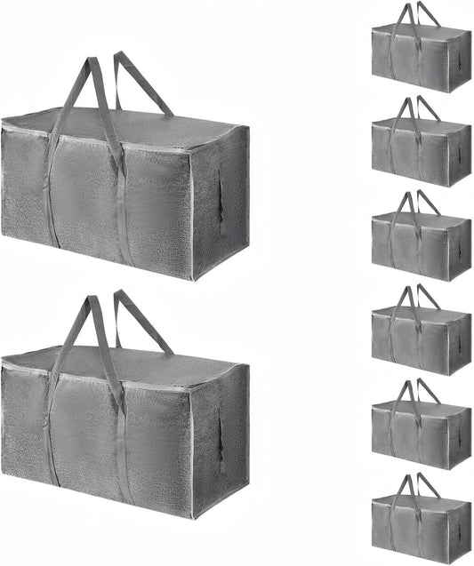 8 Pack-Extra Large Heavy Duty Moving Bags - Waterproof Storage Totes with Handles & Zippers, Foldable for College Dorm, Storage (Gray)