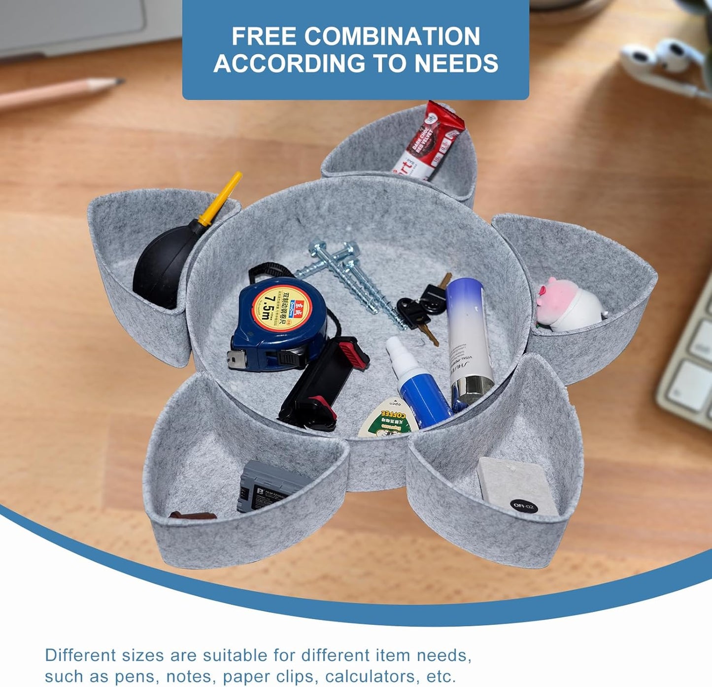 Felt Desk Drawer Organizer Tray,8 Pack Office Desk Drawer Dividers,Felt Drawer Round Storage Box For Saving Space,Makeup Drawer Organizer Bins.(Light Gray)