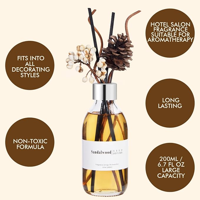 Clesh Reed Diffuser Set, 6.7 oz Sandalwood Scented Diffuser with Sticks, Home Fragrance Reed Diffuser for Bathroom Shelf Decor