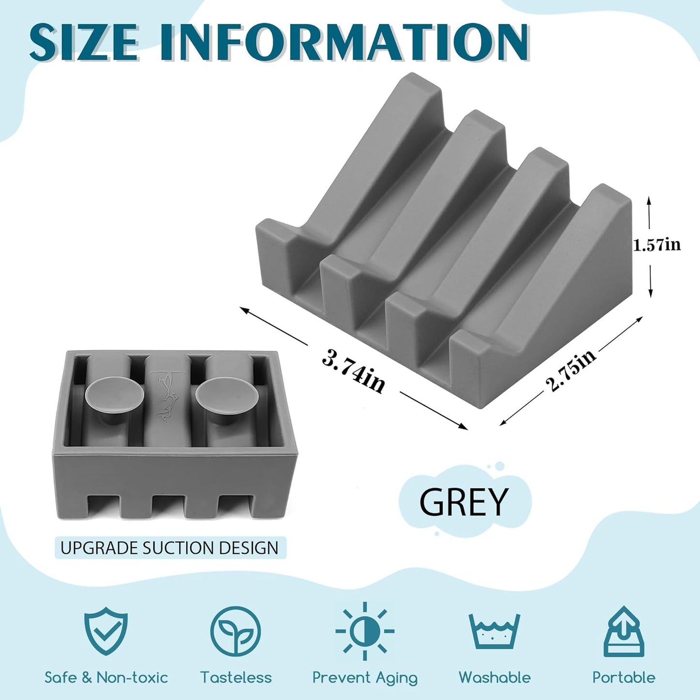 Silicone Soap Dish with Drain, Upgrade Double Suction Cups at The Bottom for Anti-Slip and Stability, Soap Dish Shower Waterfall Bar Soap Holder Tray with Drain Soap Holder (2, Grey)