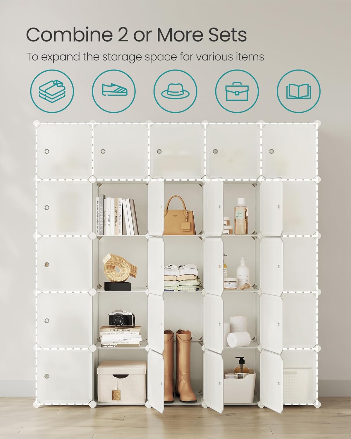 SONGMICS Cube Storage Organizer, Set of 12 Plastic Cubes, Closet Storage Shelves, DIY Plastic Closet Cabinet, Modular Bookcase, Shelving with Doors for Bedroom, Living Room, Cream White ULPC342W02