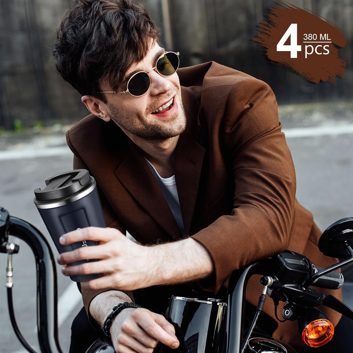 Sieral 4 Pcs 13 oz Travel Coffee Mug Insulated Reusable Coffee Cups with Leakproof Lid Stainless Steel Portable Tumbler for Keep Hot or Ice Milk Tea(Navy Blue)