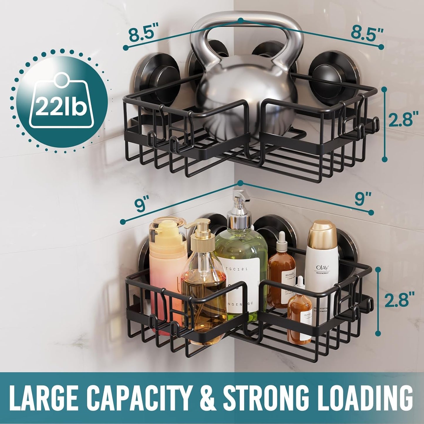 TAILI 2 Pack Corner-adaptive Suction Cup Shower Caddy, Stainless Steel Rustproof Corner Shower Shelves, Large Capacity, Removable Suction Cup Bathroom Organizer, Drill-Free Wall Mounted Baskets, Black