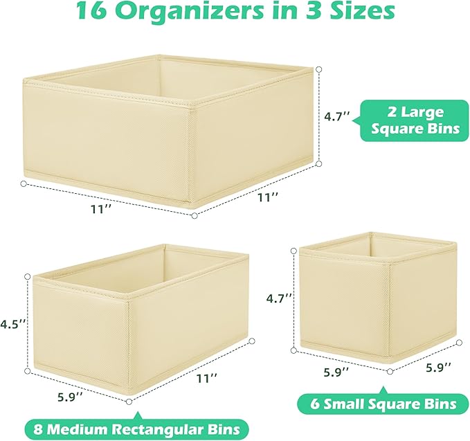 Drawer Clothing Organizer 16-Pack, Beige 3-Size Underwear Drawer Dividers, Fabric Folding Wardrobe Organizer for Baby Clothes, Bras, Underwear, Panties, Belts, Socks, Ties, etc.