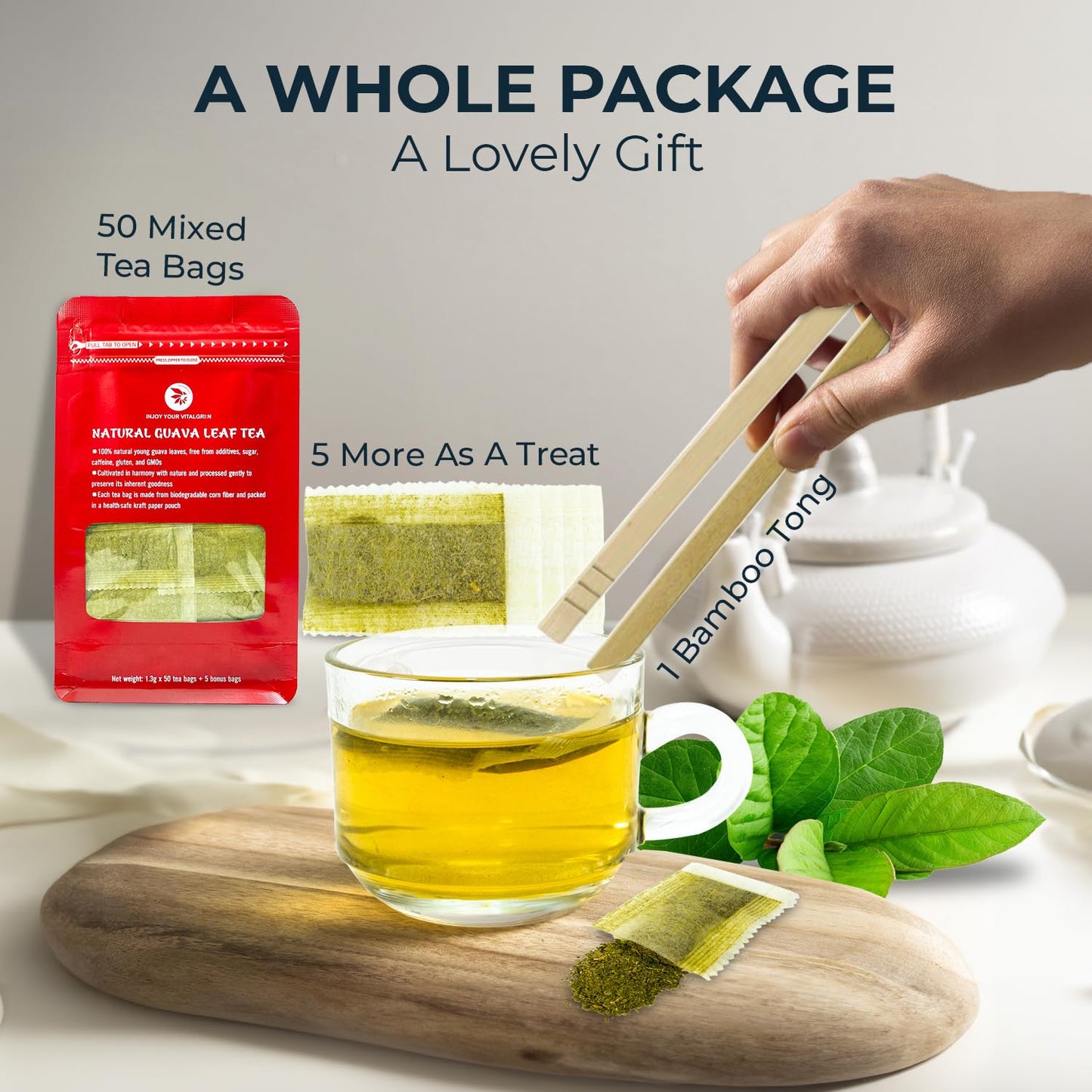 Guava Leaf Tea Bags - 55 Count (+5 Tea Bags) - 4.06 oz with Bamboo Tong, Handpicked & No Sugar Added, No Caffeine, Re-Steep Herbal Tea, Relax Refreshing Hojas De Guayabav