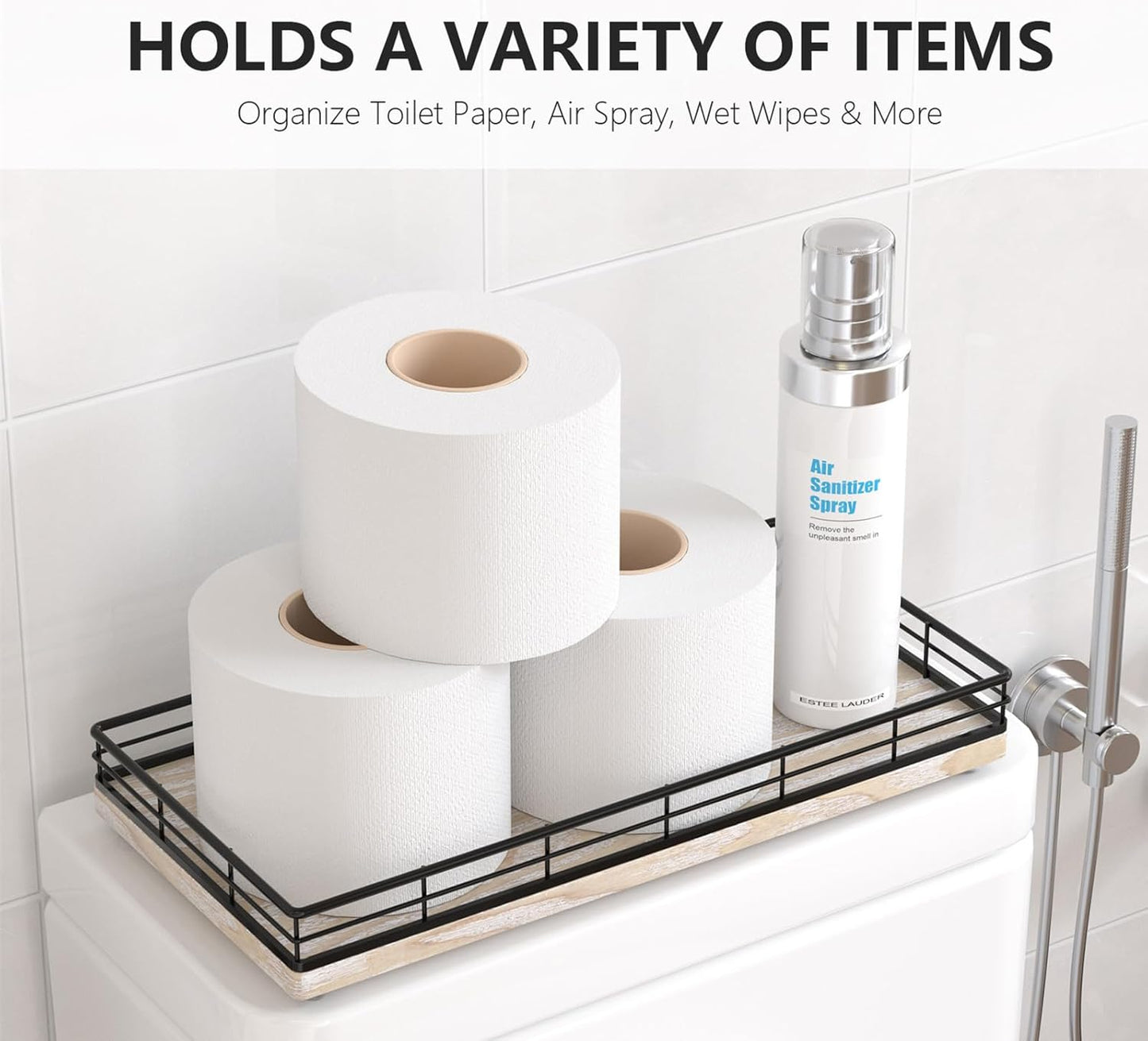 Toilet Paper Basket Organizer – Ash Wood Toilet Tank Tray with Metal Frame, Back of Tank or Top Bathroom Counter Storage – Black & Whitewashed Modern Decor