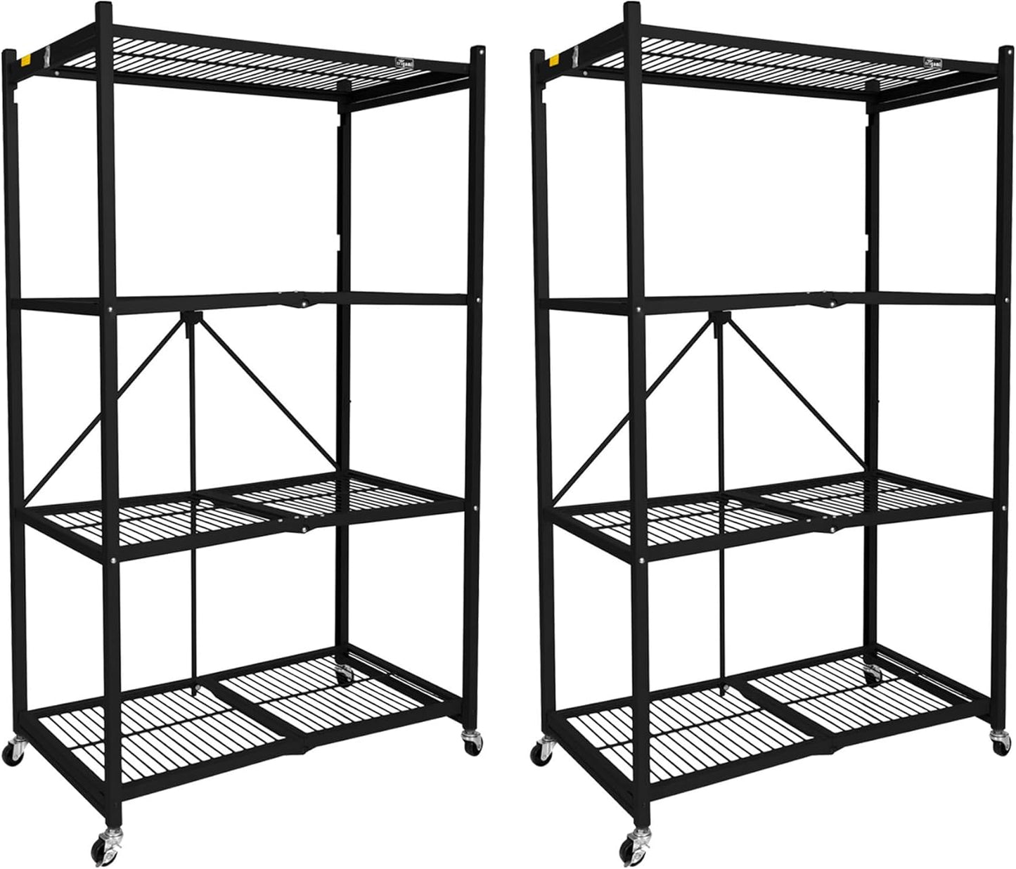 Origami 2 Pack 4 Tier Foldable Metal Garage Storage Shelf Rack, Wheels & Powder Coated Steel, Black