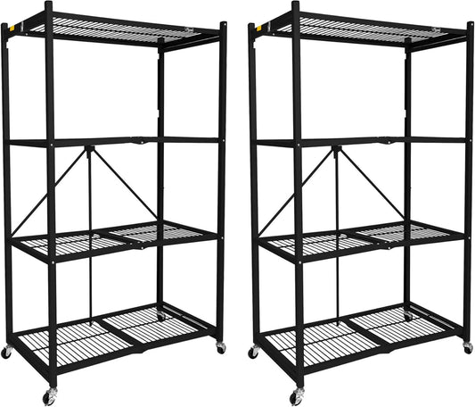 Origami 2 Pack 4 Tier Foldable Metal Garage Storage Shelf Rack, Wheels & Powder Coated Steel, Black