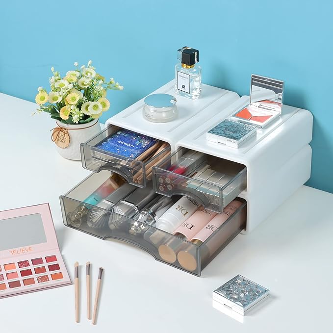 White Desktop Drawers for Paper, Stackable Office Storage Drawers for Desk, Craft Organizer and Storage Bins, 3 Mixed Storage Container with Plastic Drawers for Office Supplies