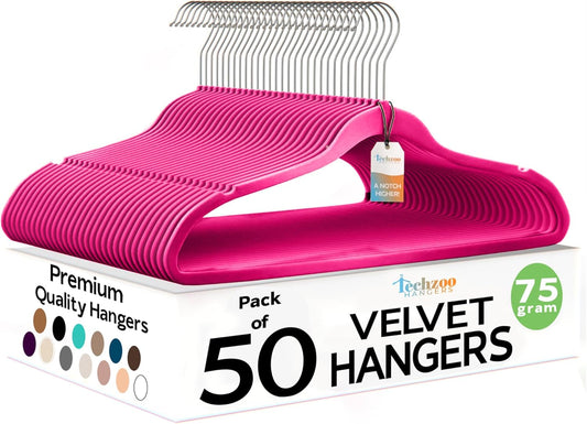 Premium Velvet Hangers 50 Pack Ultra Thin Non Slip Adult Felt Space Saving Suit Hanger for Closet Heavy Duty Coat Pants Jackets Dress Hangers 360° Swivel Hook Hold Upto 10 lbs Dark Pink