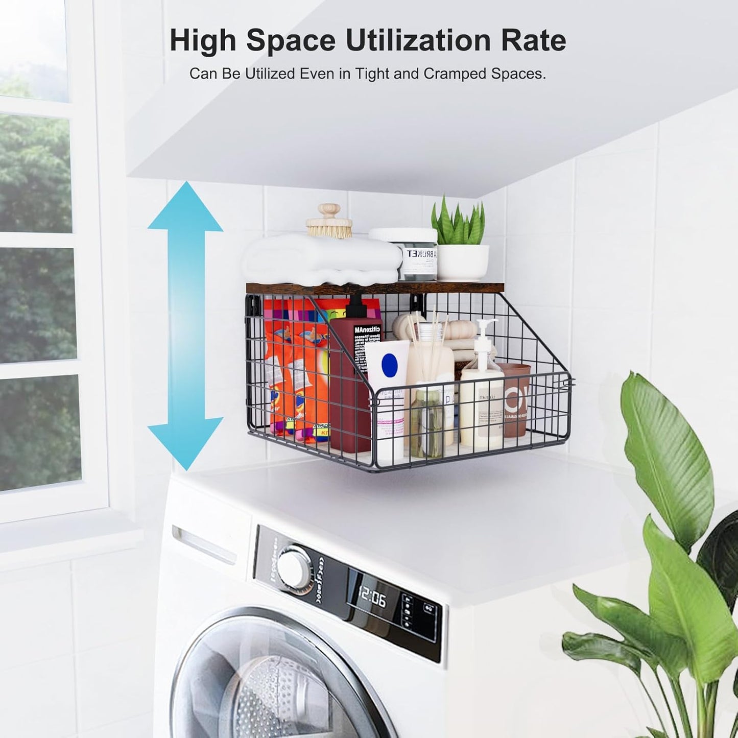 Laundry Room Shelves Wall Mounted with Storage Basket - Farmhouse Stackable Wire Wall Shelves Organizer for Towels, Detergent, Tissues | Space-Saving Over Washer & Dryer(11.8" Wx12 Dx8.5 H)